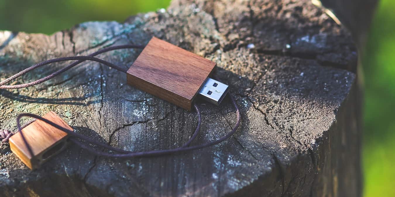 Wooden pen drives on a log.